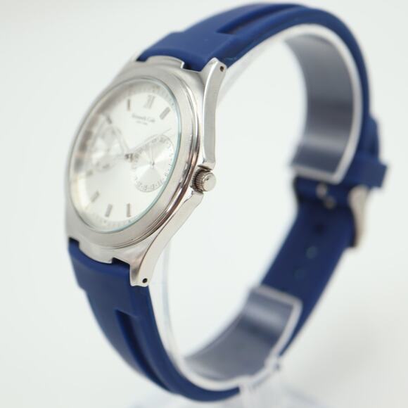 Kenneth Cole NY Mens Day Date Watch 37mm Silver Tone Blue Silicone w New Battery - Picture 11 of 16